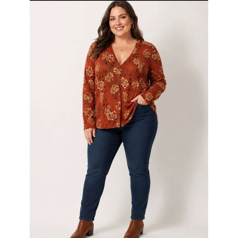 Daniel Rainn Cardigan Women‎ 3X Burnt Orange Excellent Floral V-Neck
